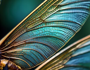 close up of a dragonfly s wing showcasing intricate vein patterns and vibrant teal and gold hues