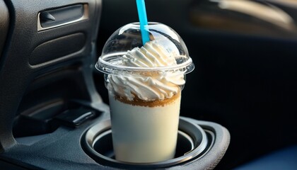 a frosty milkshake in a clear cup whipped cream topping plastic lid and straw in car cup holder