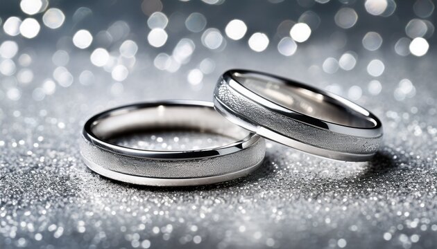 two matching silver wedding rings placed delicately on a sparkling silver glitter surface