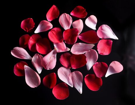floating flower petals pink and red on black background