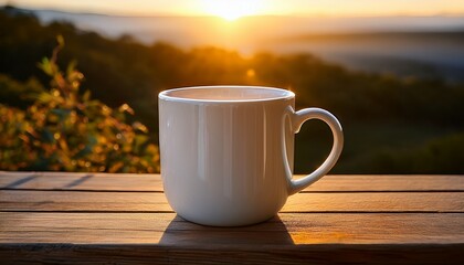 a glossy white ceramic mug placed on a rustic wooden table taken during golden hour