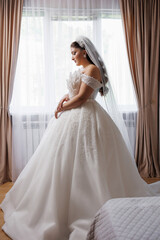 Fototapeta premium Beautiful bride in elegant wedding dress poses by window for memorable moment