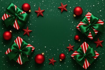 Christmas flat lay frame with wrapped gifts, green satin bows, red ornaments and stars on dark green background with copy space, designed for holiday marketing banners and advertising layouts, edit.