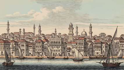 Skyline of Stone Town in Zanzibar City, Tanzania - 19th Century stock illustration