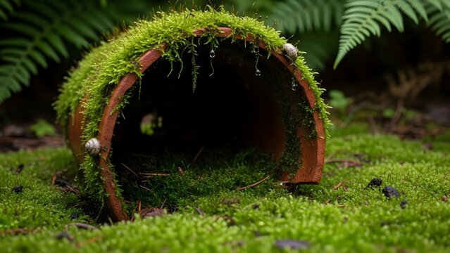 Enchanted garden scene with moss-covered pot and tiny snails creating a whimsical and serene atmosphere perfect for fairytale-themed projects
