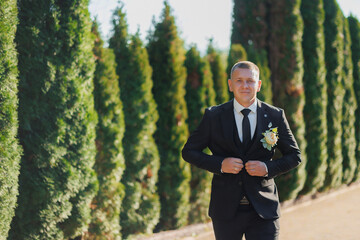 Groom adjusting suit outdoors near tall hedges on a sunny day