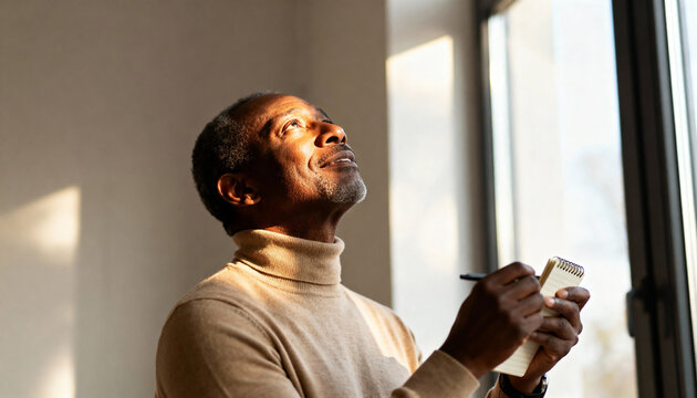 Inspired mature African American man looking up in the sunlight. Contemplative senior holding a notepad and pen with faith and hope - Powered by Adobe