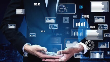 A businessman in a suit presents digital financial data and graphs, illustrating modern analysis concepts for investment and economic growth in today digital landscape. Xenic - Powered by Adobe