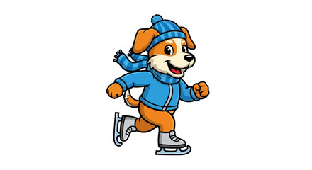 Naklejka premium Happy cartoon dog ice skating in winter clothes vector illustration, cute puppy character wearing hat and scarf enjoying winter sport on white background