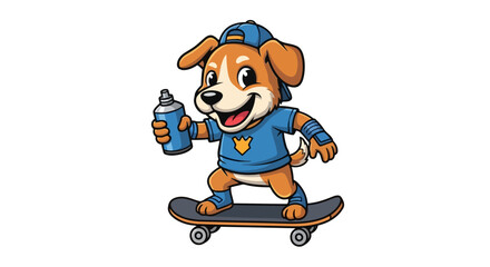 Cool cartoon dog skateboarding with spray can vector illustration, cute puppy character wearing cap and t-shirt performing tricks on board on white background