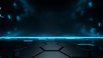 Dark futuristic hexagonal platform with blue neon lights and smoke. Abstract tech background for product display, gaming, or virtual stage. - Powered by Adobe