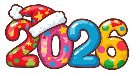 Colorful 2026 cartoon numbers with Santa hat in festive New Year design