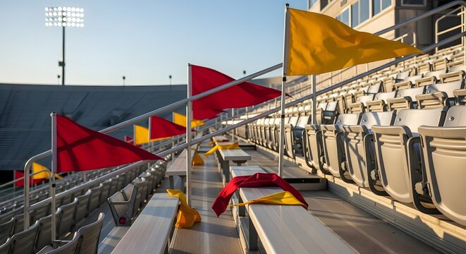 Empty stadium bleachers adorned with red and yellow flags under a clear sky at sunset for a college bowl finals concept and championship game anticipation - Powered by Adobe