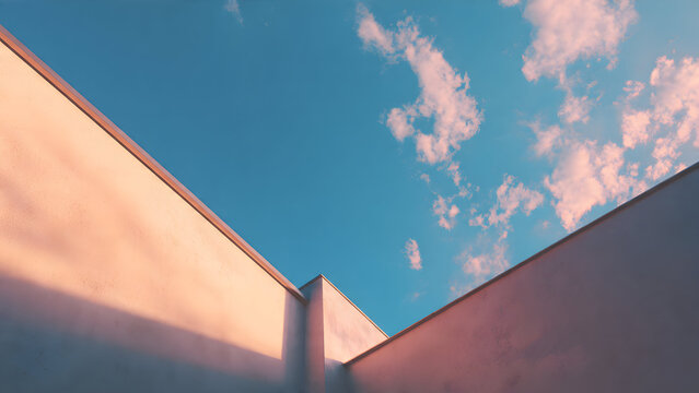 A sky-facing wall catching soft reflected sky tones blending gently into warm sunlight for airy gradient