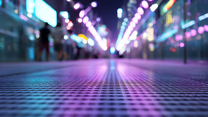 A soft-focus pedestrian walkway with cool neon bokeh forming modern futuristic design mood