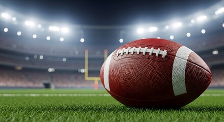 Fototapeta premium American football on a vibrant green field with stadium lights and goalposts, representing a college bowl finals championship concept