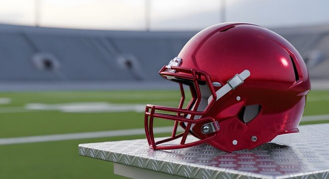 Vibrant red football helmet resting on a sideline bench inside a grand stadium, symbolizing college bowl finals concept and intense championship athletics