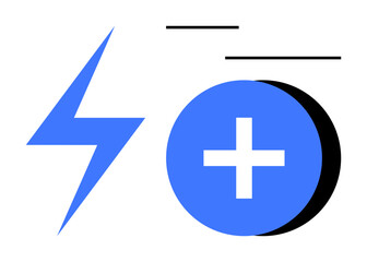Energy concept. Blue lightning bolt and plus sign power, energy, and positive growth. For renewable energy, technology, innovation, and progress. Ideal for energy-focused projects