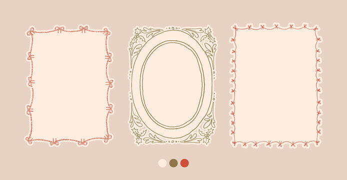 Christmas frames set with cozy cottagecore aesthetic decorative elements. Retro hand drawn charming doodle cottage core border. Vintage Christmas postmark, stamp