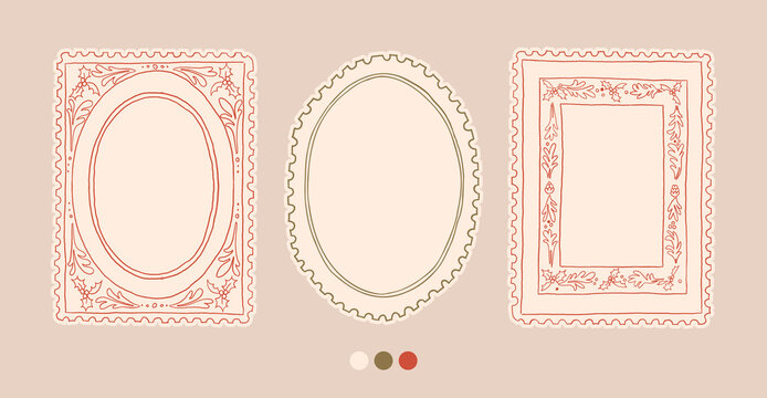 Christmas frames set with cozy cottagecore aesthetic decorative elements. Retro hand drawn charming doodle cottage core border. Vintage Christmas postmark, stamp