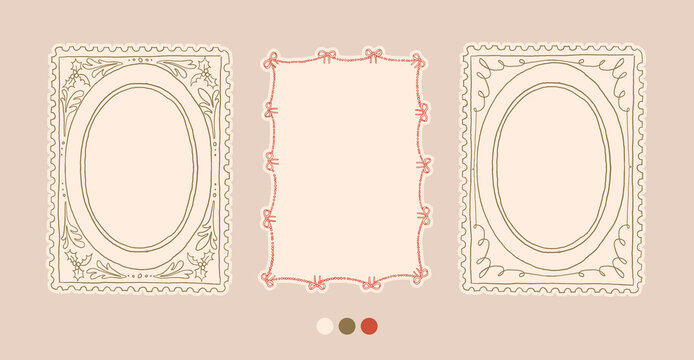 Christmas frames set with cozy cottagecore aesthetic decorative elements. Retro hand drawn charming doodle cottage core border. Vintage Christmas postmark, stamp