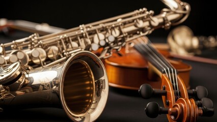 Obraz premium Golden brass saxophone and classical wooden violin resting on a dark surface, detailed view of musical instruments, elegant ensemble.