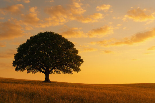 Field with a tree in the background and an orange sky - Powered by Adobe