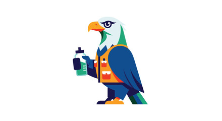 Eagle cartoon graphic with vest holding flask