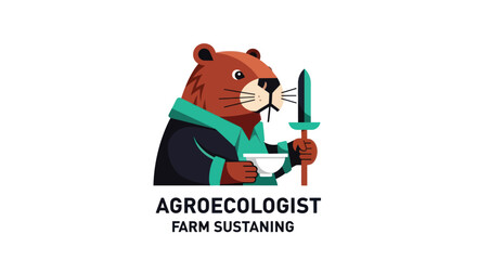 Brown, cartoonish beaver in coat, holding bowl and small spade © rexus