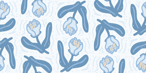 Hand-drawn blue tulip seamless pattern on light background