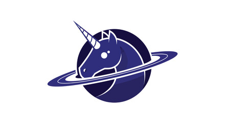 Unicorn head in blue against a blue ringed planet