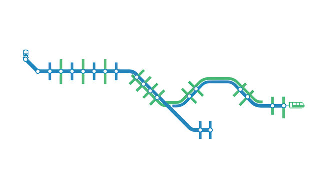 Schematic metro map with blue and green lines