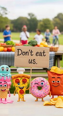 Toxic craving: bad edible figure with sugar, greasy snack, and fried item shout don't eat us, inspiring healthy lifestyle, wholesome nourishment, clean eating, strong immunity, longevity, body harmony