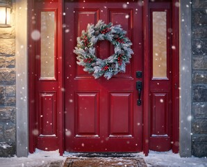 Red door wreath during winter snowfall at a home entrance