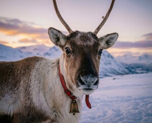 Reindeer gazes forward in snowy landscape