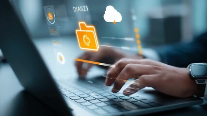 Businessman working on a laptop computer in an office using digital technology for business tasks - Powered by Adobe
