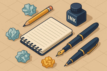 Writing tools and stationery objects with crumpled paper