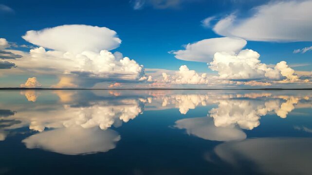 Watch breathtaking clouds mirrored in calm water for a sense of peace and tranquility, a serene escape into nature's beauty