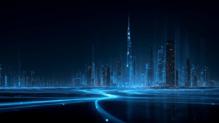 Futuristic smart city cityscape at night with glowing blue light trails representing data flow and global network connectivity - Powered by Adobe