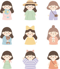 A charming flat design illustration featuring nine adorable cartoon girls arranged in a 3×3 grid.