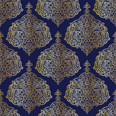Elegant Gold Outline Arabesque Seamless Pattern on Dark Blue