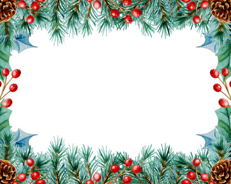 Watercolor Christmas frame with pine branches, red berries, and pine cones. Festive winter border with center space for text, no background, ideal for Christmas greeting cards.
