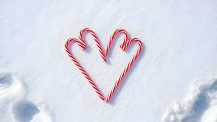 Candy canes arranged in heart shape resting on fresh snow create a festive holiday scene with a romantic and joyful mood.