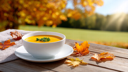Bowl of creamy pumpkin soup garnished with fresh herbs, placed on a wooden table surrounded by autumn leaves and a blurred natural landscape in the background