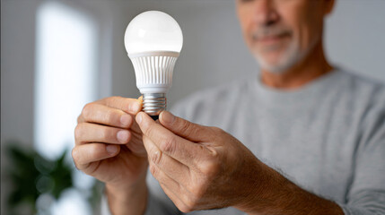 Senior man holding a modern LED light bulb, inspecting it closely with a thoughtful expression, showcasing the importance of energy-efficient lighting solutions in contemporary homes