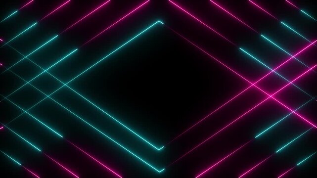 Glowing purple cyan neon lines moving diagonally to form a square at the center, smooth loop motion animation. 4k video