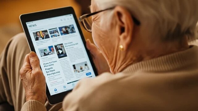 Senior Woman Engaging with News on Tablet Technology for Information and Connection in Modern Life Demonstrating Accessibility and Digital Literacy for Elderly Individuals 