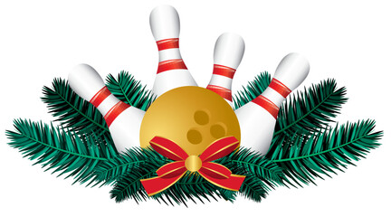Festive bowling Christmas illustration featuring pins, bowling ball, holly, pine branches and ribbons. Ideal for holiday cards, decorations and sports-themed seasonal artwork.