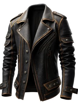 Black leather biker jacket with a rugged yet elegant style, featuring metallic zippers, snap buttons, and orange and yellow topstitching