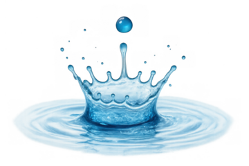 Water drop creating splash crown and ripples on liquid surface, abstract aqua impact, transparent background rendering